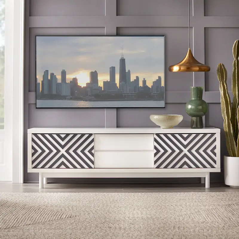 Tobacco Brown/White & Black Mid-Century Geometric TV Stand, Fits TVs up to 75