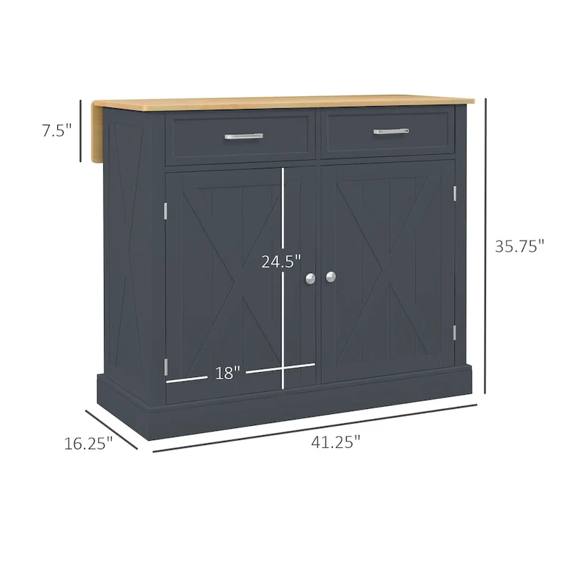 HOMCOM Rolling Kitchen Island with Drop Leaf Wood Breakfast Bar, Farmhouse Kitchen Cart with 2 Drawers, Dark Gray