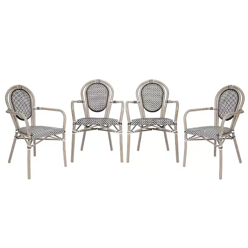 Emma & Oliver Massalia Set of Four Indoor/Outdoor Stacking Thonet Bistro Style Chairs with Arms, Textilene Seat and Bamboo Finished Metal Frame