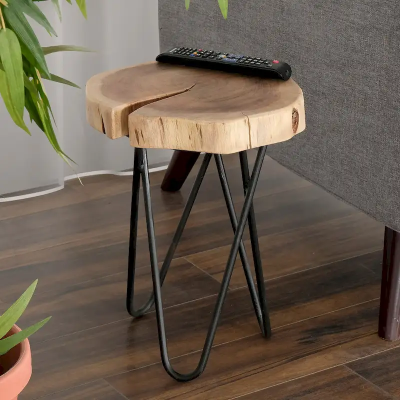 Brown/Black Round Live Edge Side Table – Wood Top, Black Metal Legs, 1 Person