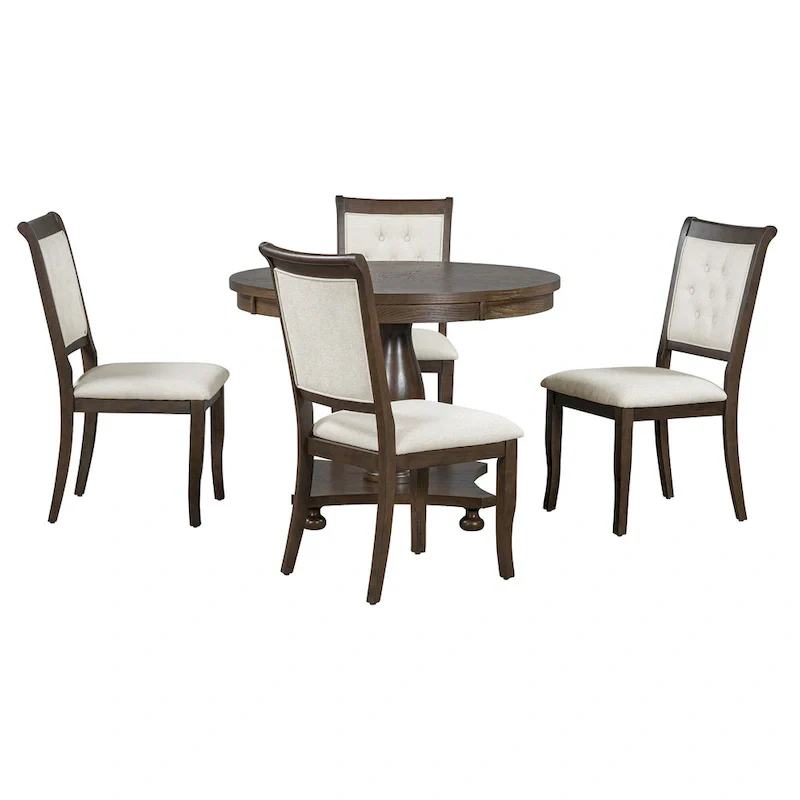 5 Piece Dining Table Set, Solid Wood Kitchen Dining Room Table Set with Round Dining Table and 4 Upholstered Chairs