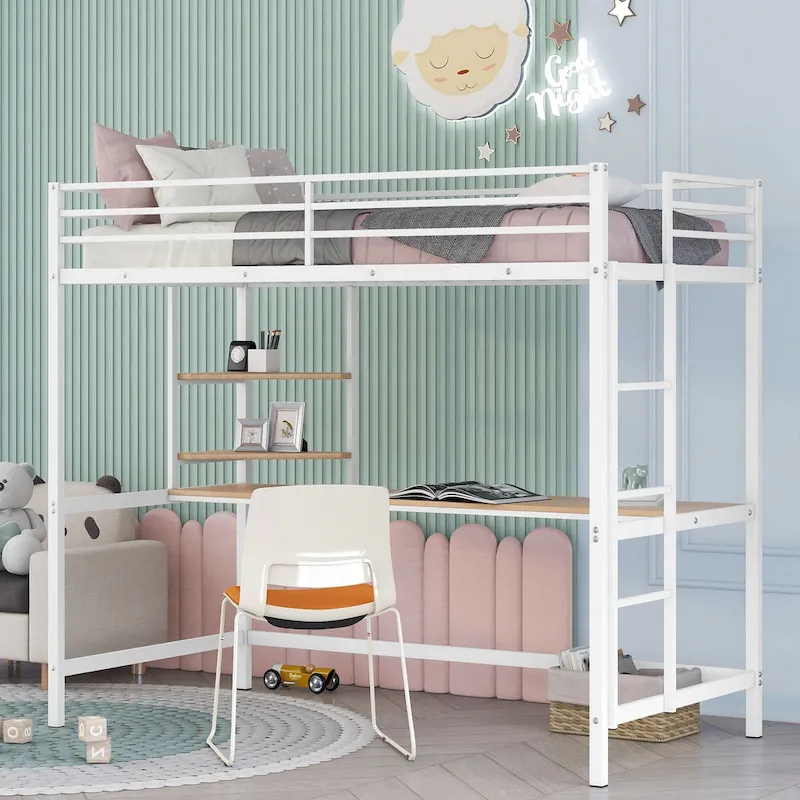 White Twin Size Metal Loft Bed with Desk, Ladder & Shelves | Kids & Teens