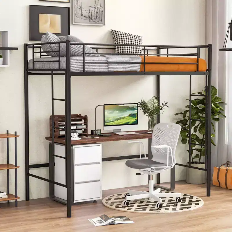 Costway Twin Size Loft Bed Heavy Duty Metal Loft Bed Frame with Safety Guardrail Silver/White/Black