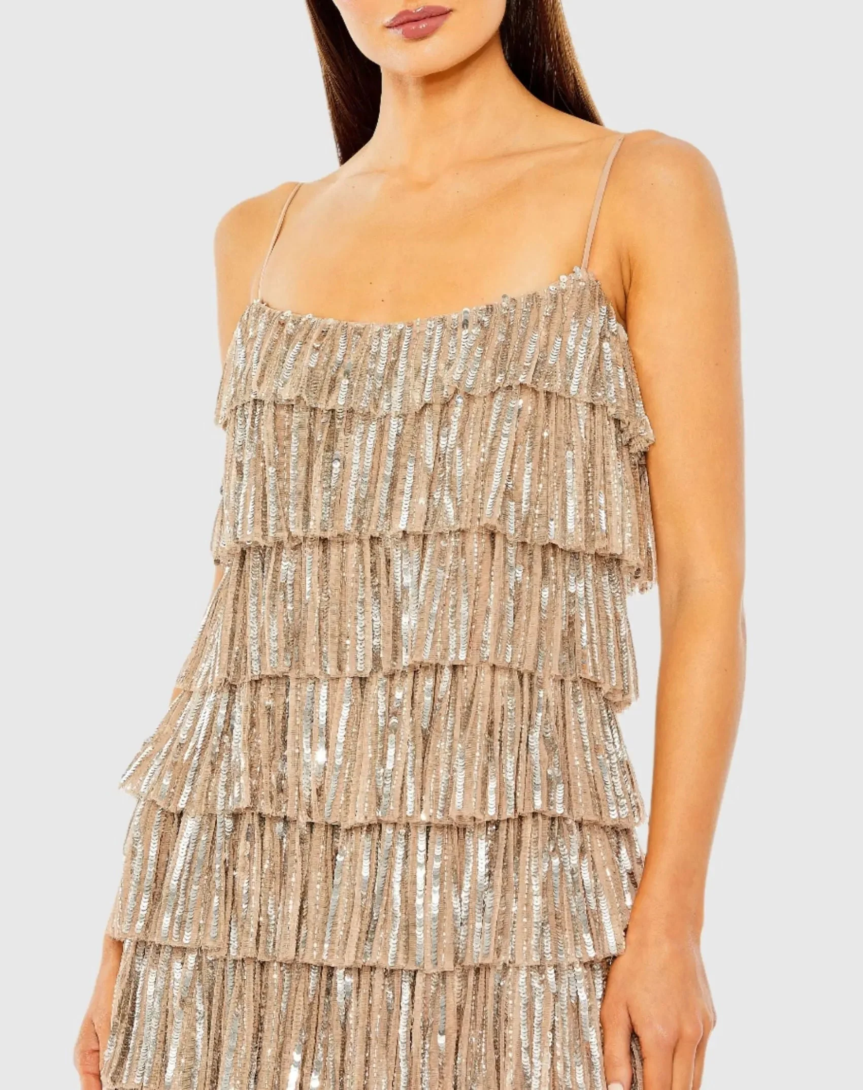 Gold Beaded Strap Sequin Ruffle Mini Dress