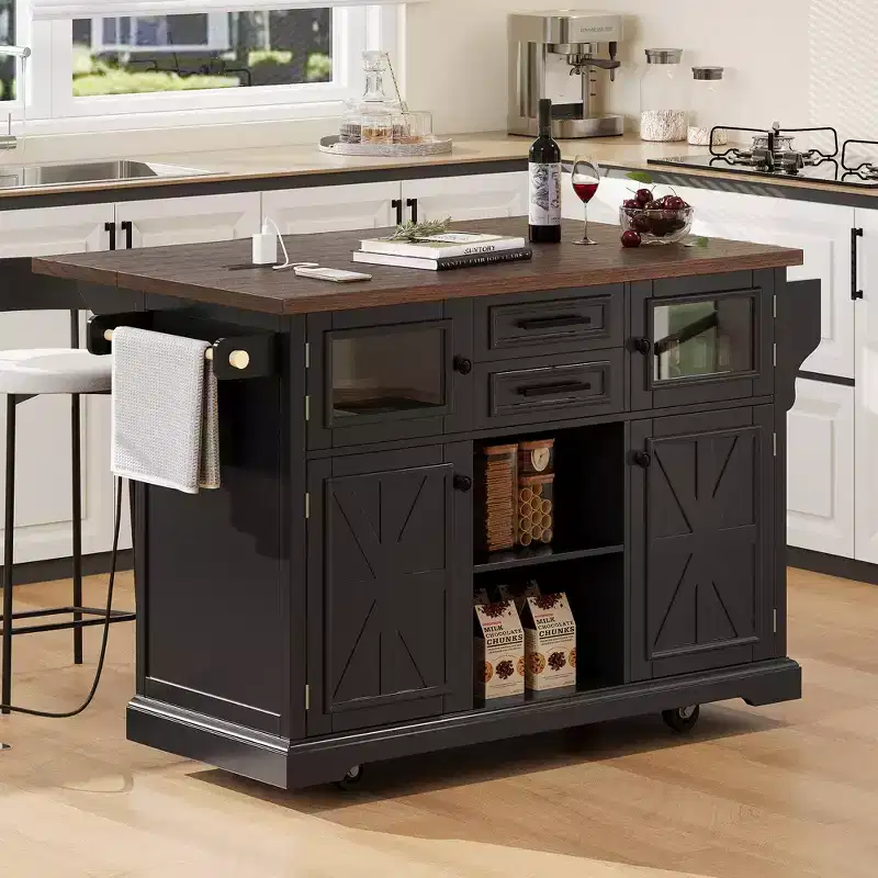 sumyeg 54.9 Kitchen Island with Drop Leaf, Power Outlet, Storage Cart with Glass & Barn Doors, 4 Shelves&Wheels (No Stools)