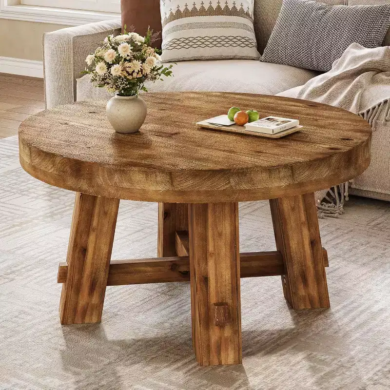 Lantine 31.5-Inch Solid Wood Coffee Table, Round Center Table with Thickened Tabletop for Living Room, Apartment, Small Space