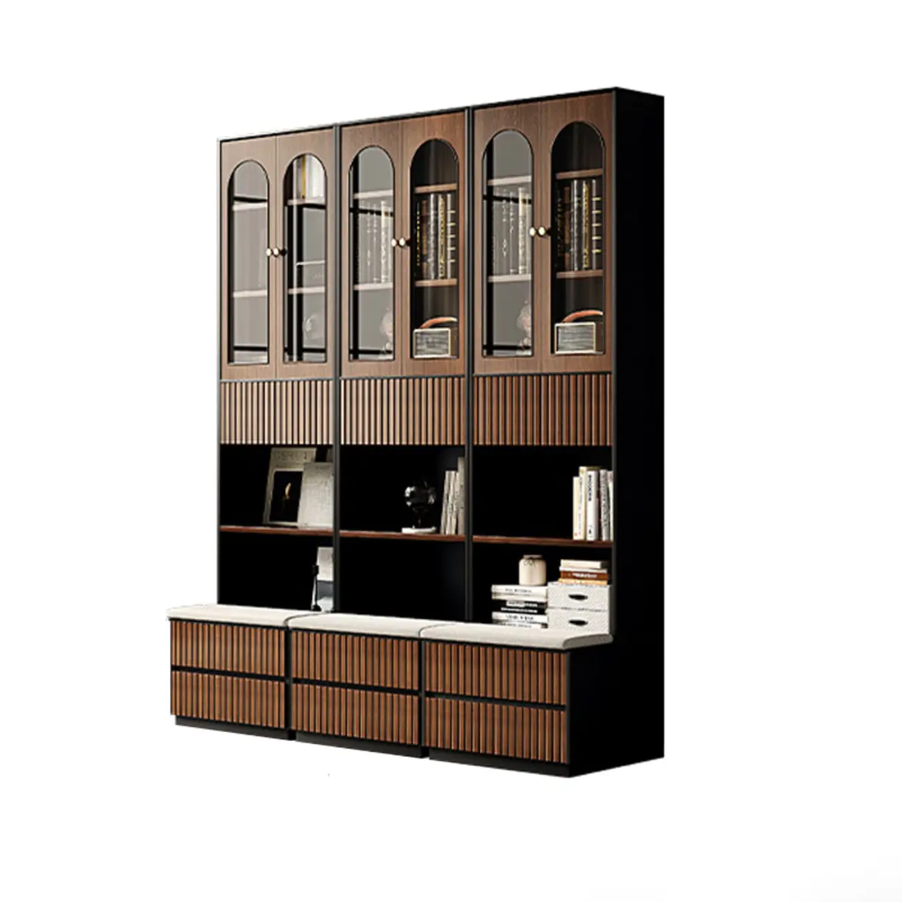 Tall French Country Display Wooden Bookcase with Cushioned Bench