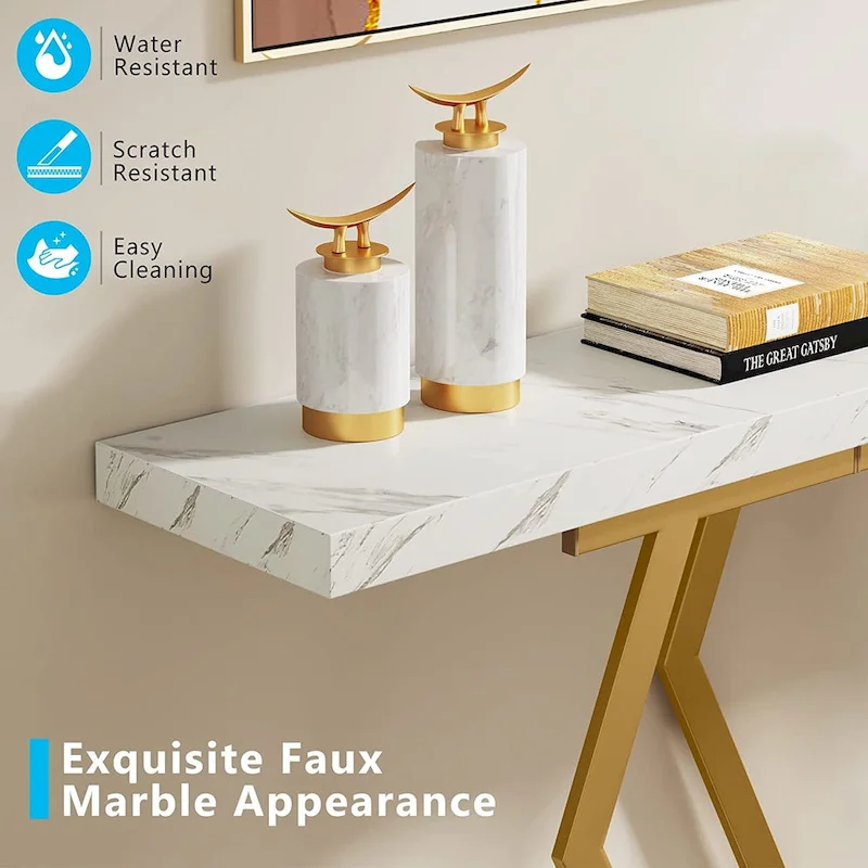 White Faux Marble Console Table 70.9