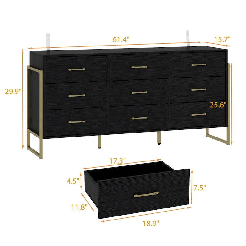 Elegant 9-Drawer Dresser with Gold Accents - Black Stripe Finish Chest