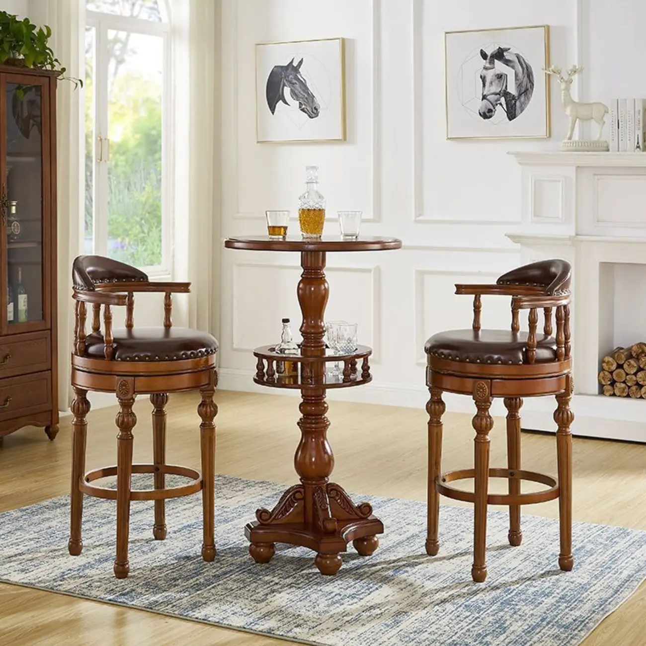 Traditional Brown Rubberwood Cushioned Bar Stools