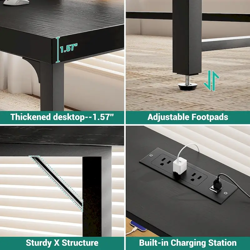 55 Inch Computer Desk with Socket and LED Light,Home Office Desk with 1.5 inch Thickened desktop,Writing Study Gaming Table