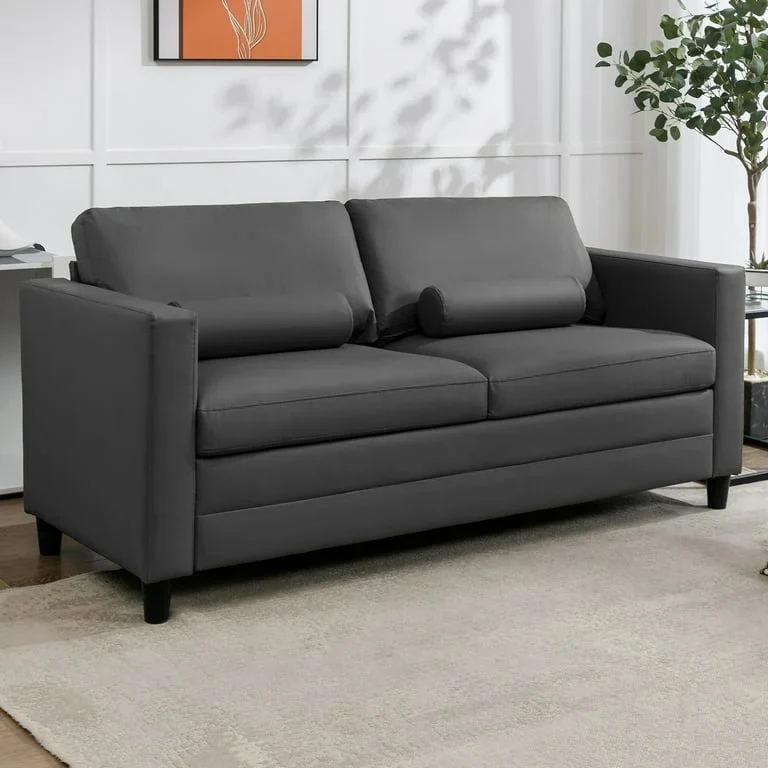2-in-1 Pull-Out Sleeper Sofa with Mattress – Dark Grey / Cognac Tan, Modern Style, Seats 3