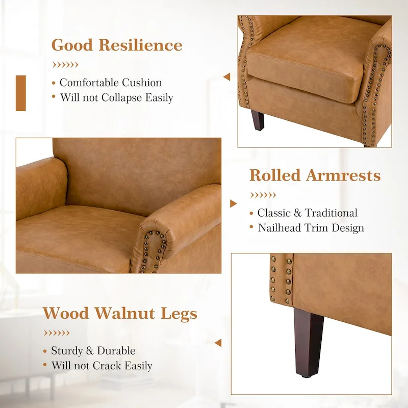 Levi Transitional Leather Armchair with Nailhead Trim Rolled Arms by HULALA HOME
