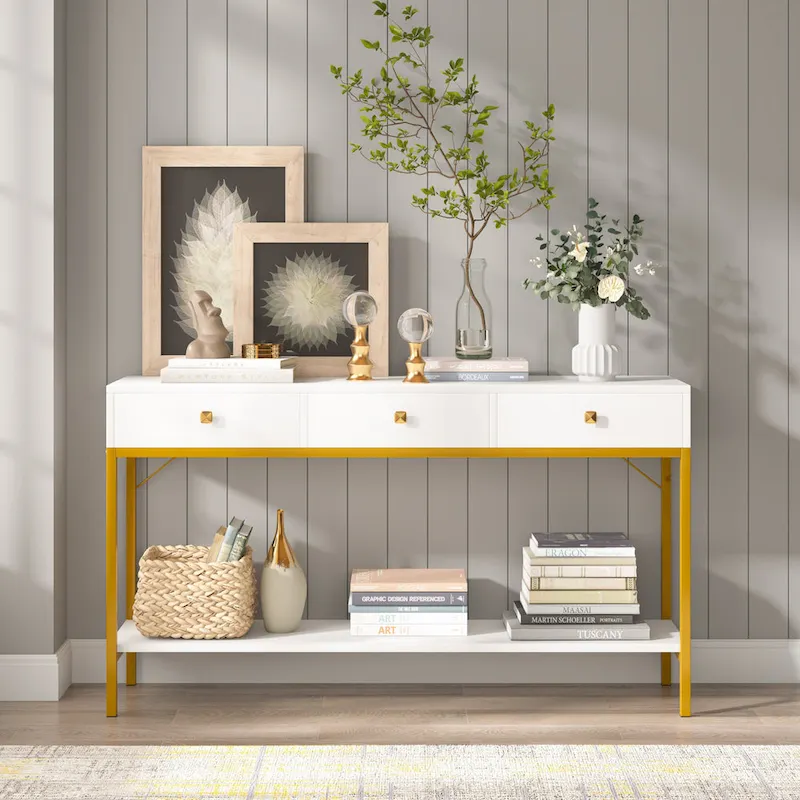 54.33 Console Table with 3 Drawers, Black Entryway Table with Storage Shelves