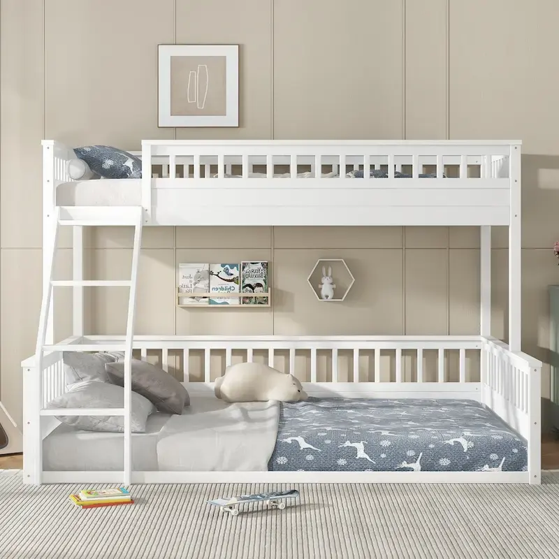 Twin XL over Queen Bunk Bed with Ladder and Guardrails, White