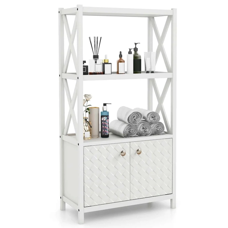 White/Black Freestanding Floor Cabinet with Open Shelves & Double Doors