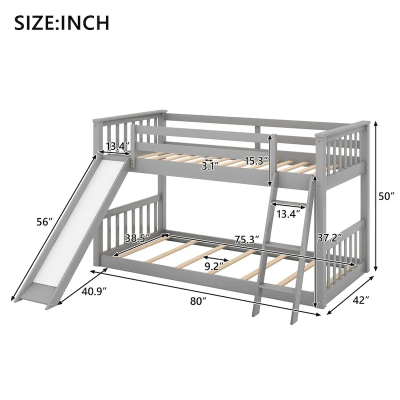 Bunk Bed with Convertible Slide and Ladder, Grey/White