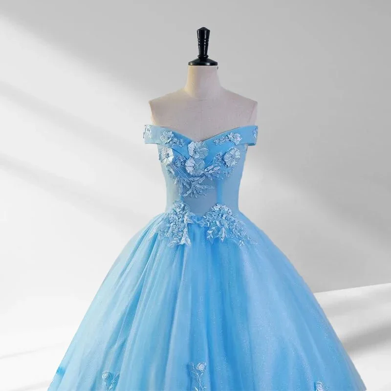Sky Blue Tulle 3D Flowers Quinceanera Dresses With Train