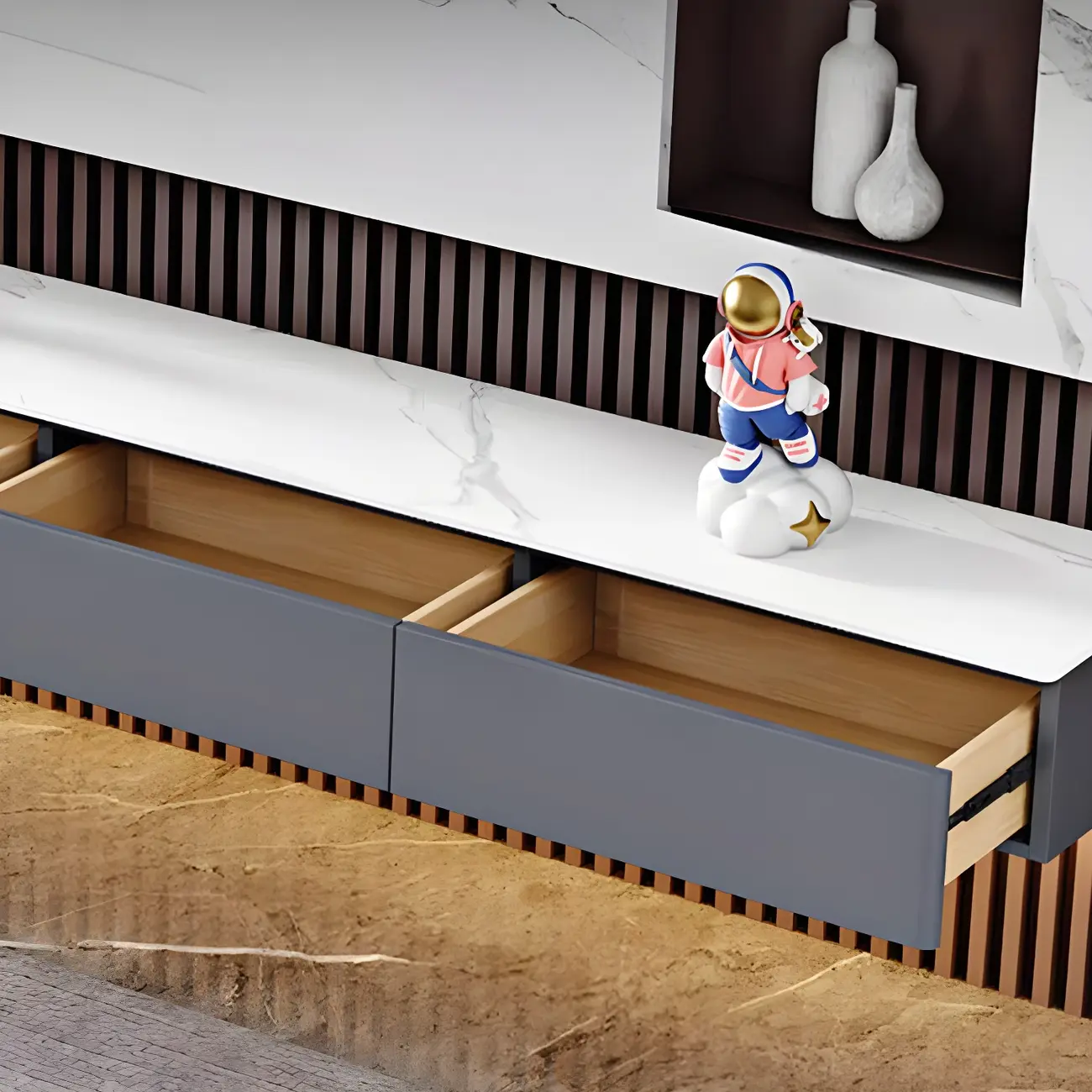 63 Grey Stone Floating Cable Management Drawers TV Stand