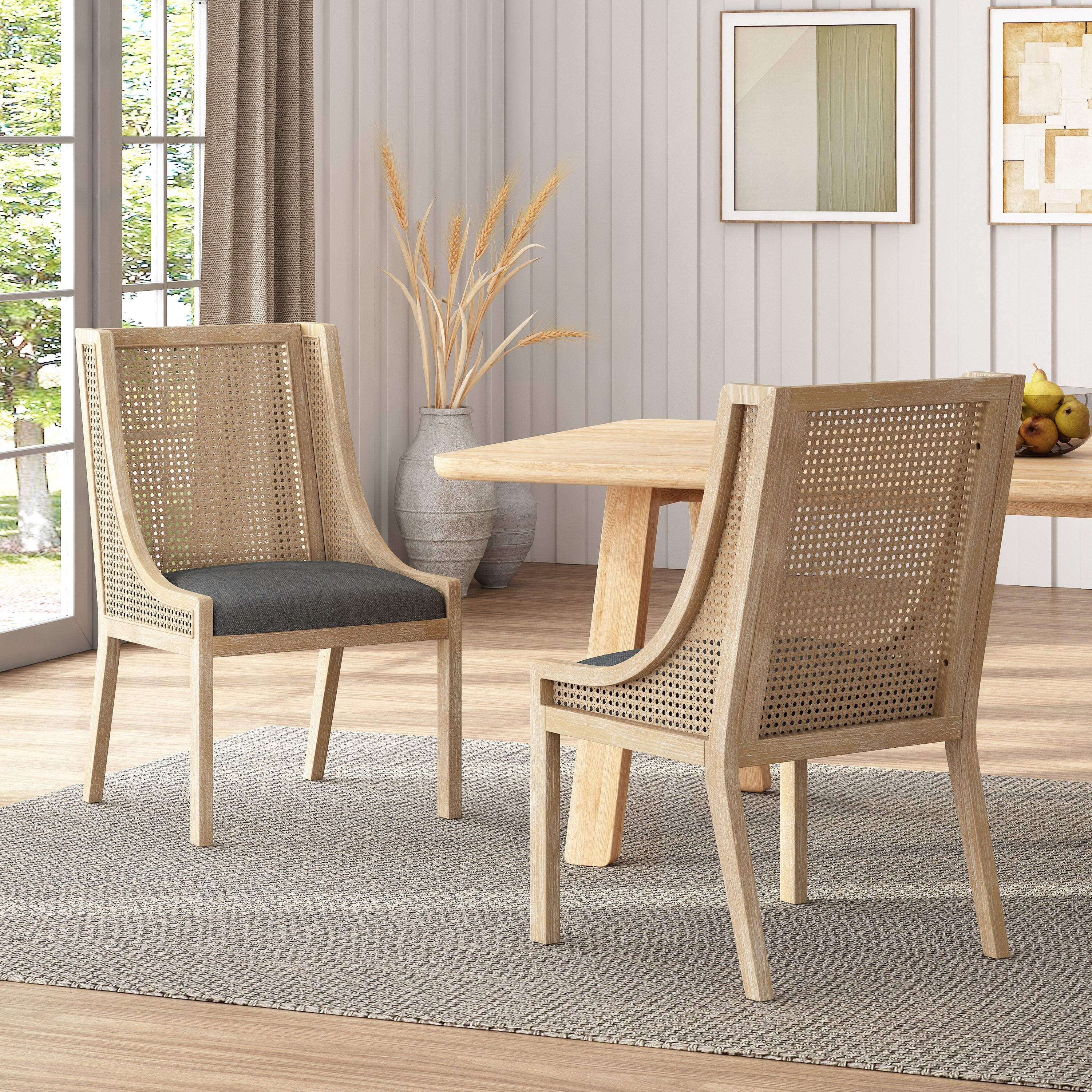 Rustic Cane and Wood Upholstered Dining Chairs, Set of 2