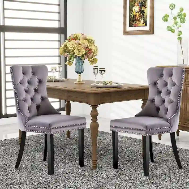 Velvet Dining Chairs, Tufted Solid Wood Armless Chairs Accent Chair with Nailhead Trim and Back Ring Pull