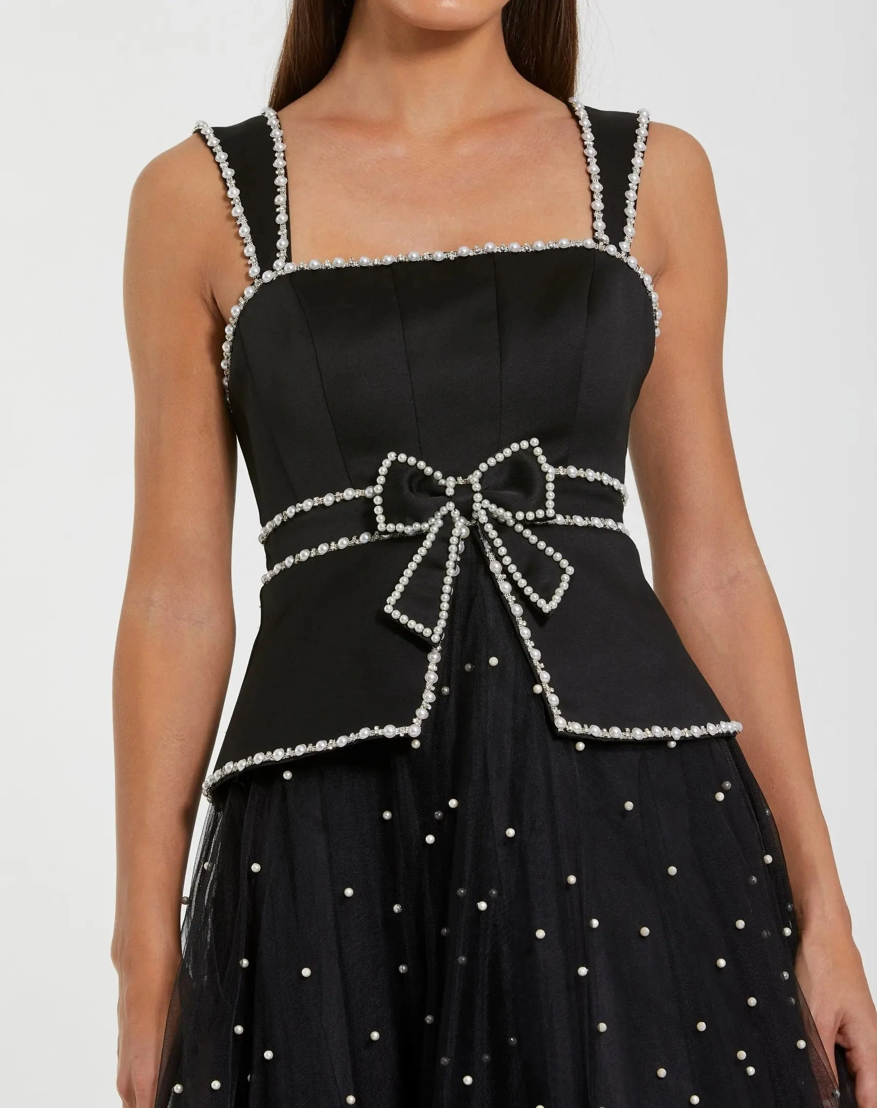 Black Sleeveless Embellished Crepe And Tulle Midi Dress