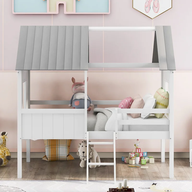Low Loft Wood House Bed with 2 Side Windows