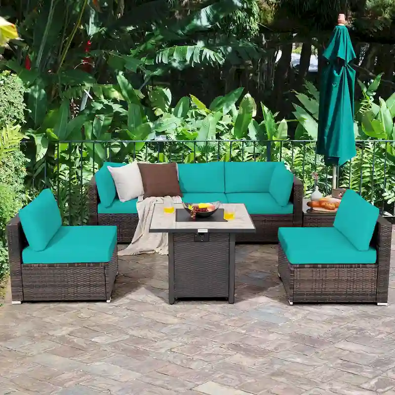 Costway 7PCS Patio Rattan Furniture Set 30 Fire Pit Table Cover - See Details
