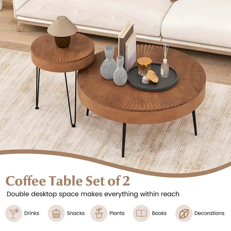 Costway Farmhouse Round CoffeeTable Set of 2 End Table Natural Finish - See Details