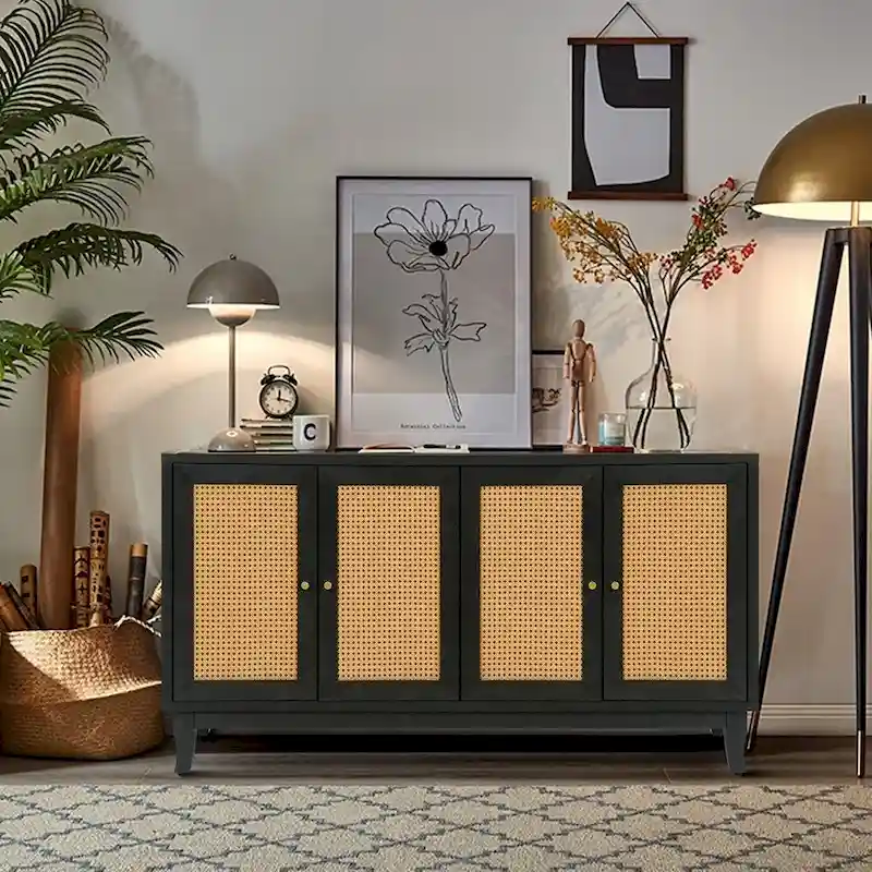 Natural Rattan Storage Cabinet with 4 Doors