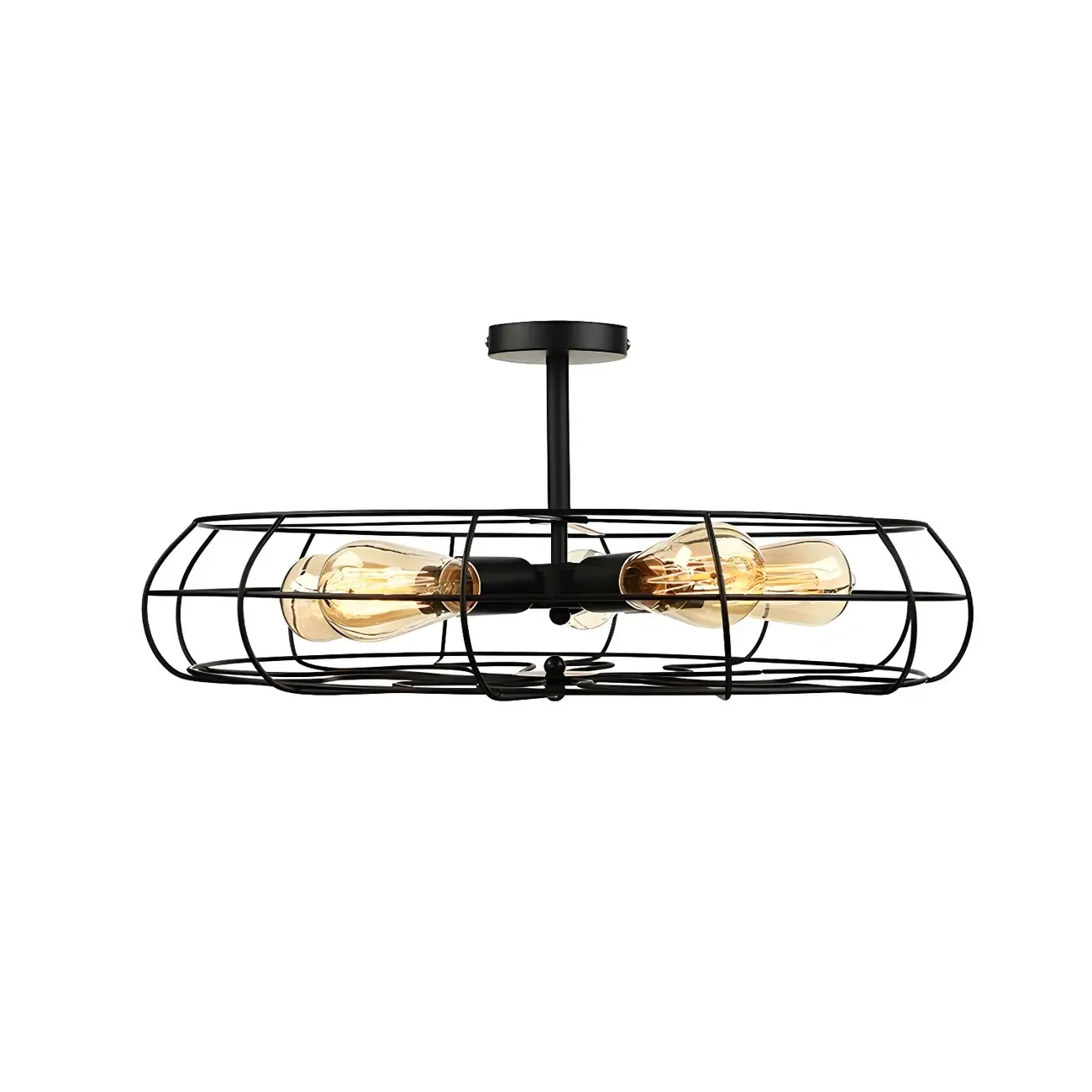 Industrial Metal Black Round Caged Semi Flush Ceiling Light