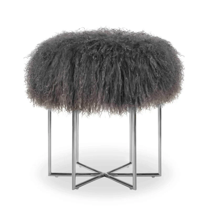 Round Sheepskin Ottoman with Stainless Steel Base