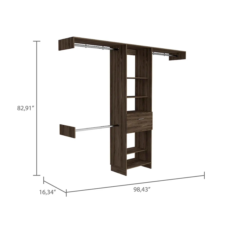 Cross Closet System with Drawer, 3 Metal Rods, and 5 Open Shelves
