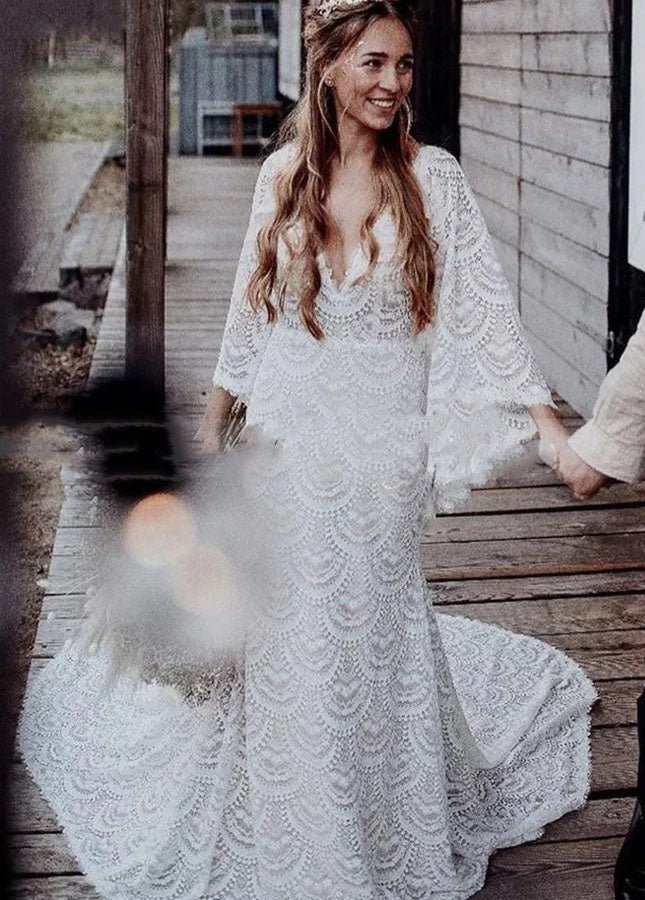 Unique Lace V-Neck Mermaid Bohemian Flare Long Sleeve Beach Bridal Gowns