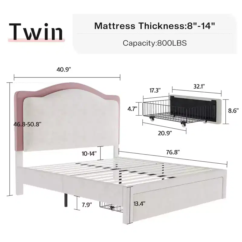 AMERLIFE Bed Frame with LED Lights and Charging Station, 50 Tall Storage Headboard