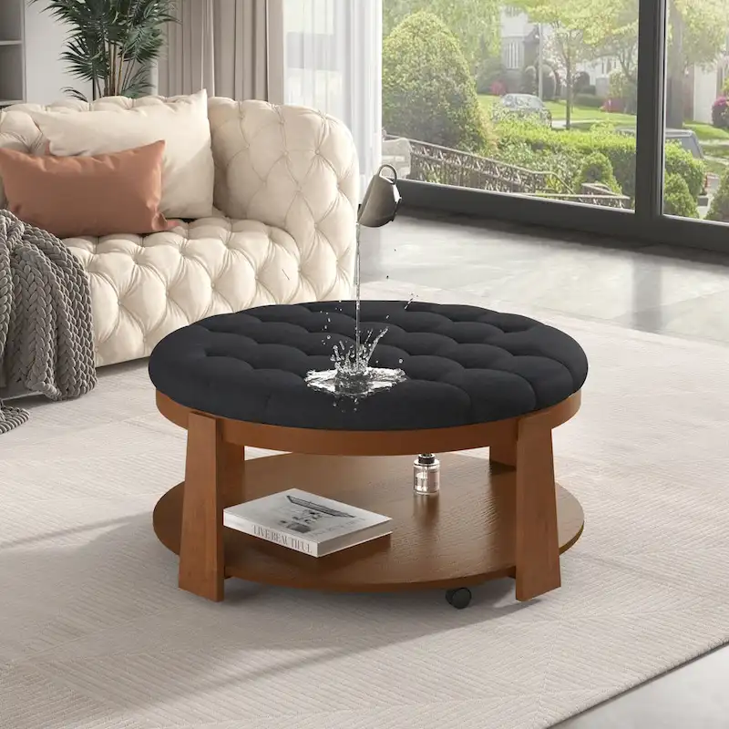 36  Round Button Tufted Upholstered Coffee Table with Wood Shelf and Wheel