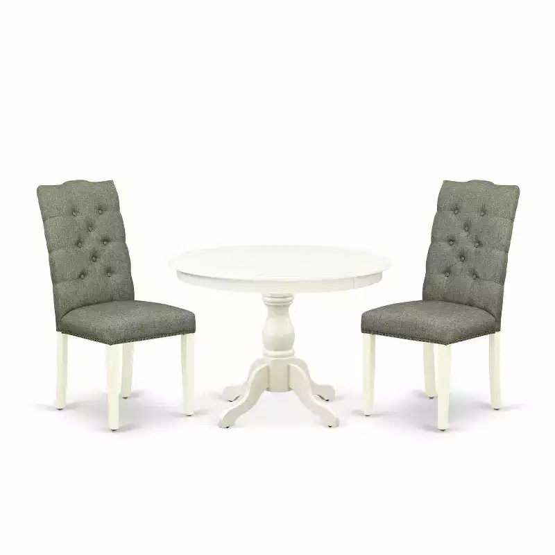 3-Piece Linen White Finish Solid Wood Top - Button Tufted Dining Room Set - Seats 4