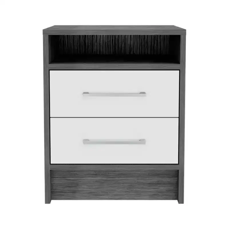 This Eter Nightstand , End Table, Side Table Superior Top, Two Drawers -Smokey Oak / White combines contemporary style with smart storage.