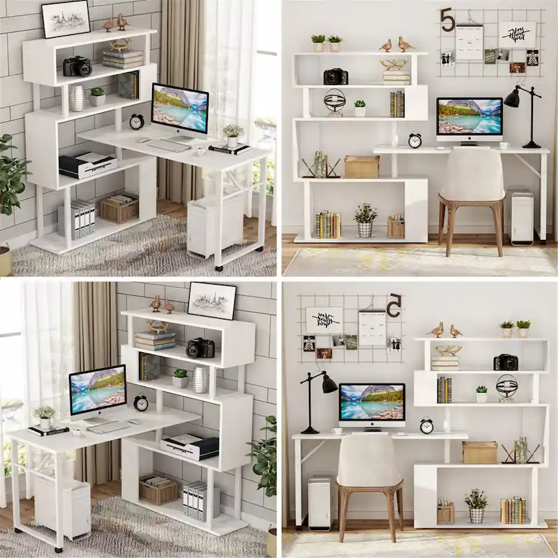L-Shaped Rotating Computer Desk with Bookshelf
