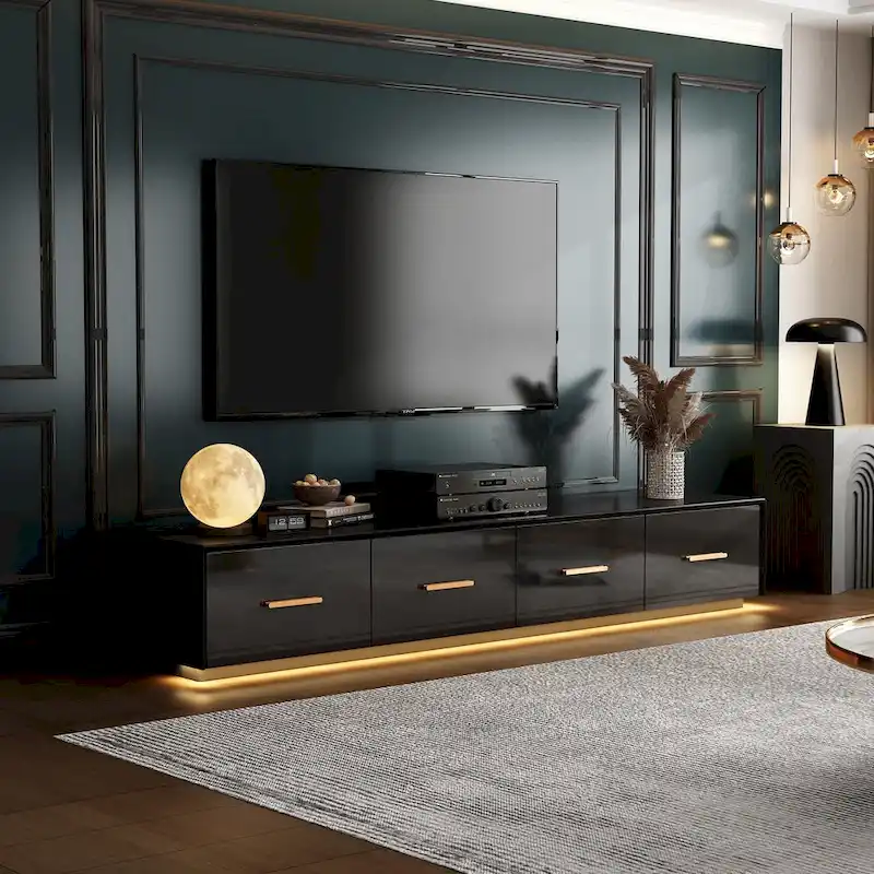 Black Entertainment Center Spacious Luxurious TV Stand Golden Accents - 70.9