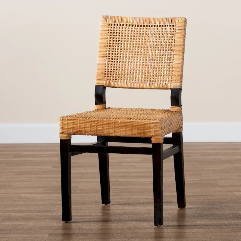 Lesia Modern Bohemian Natural Brown Rattan and Espresso Brown Mahogany Wood Dining Chair