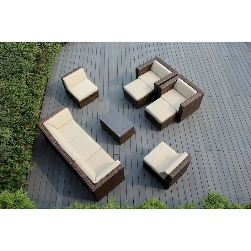 Ohana Outdoor Patio 10 Pc Mixed Brown Wicker Seating Set with Cushions - No Assembly