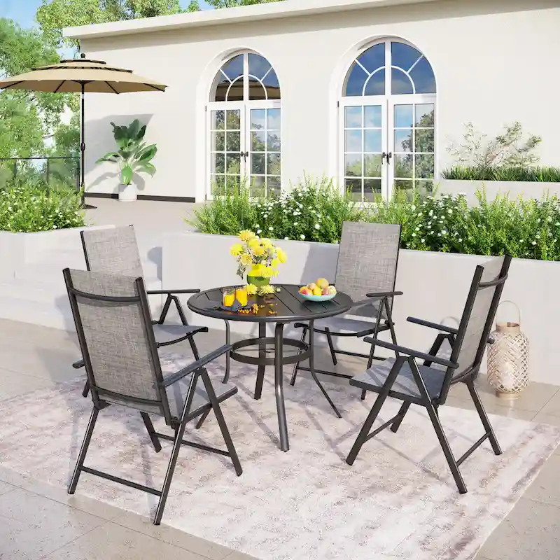 Patio 5 Pieces Dining Set, 4 x Reclining Folding Sling Dining Chairs and 1 x Table with an Umbrella Hole