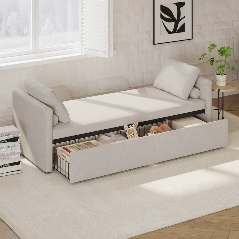 Modern Upholstered Chaise Lounger Daybed Small Single Daybed with 2 Drawers, No Mattress Needed