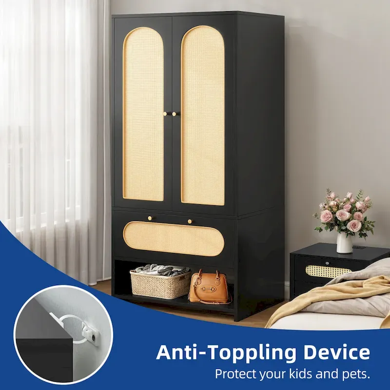 Moasis 70   Rattan Armoire Bedroom Wardrobe with Drawer & Hanging Rod