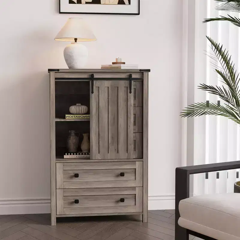 Farmhouse Chest of Drawer, Sliding Barn Door, Adjustable Shelf, Wood Storage Organizer, for Bedroom, Living Room