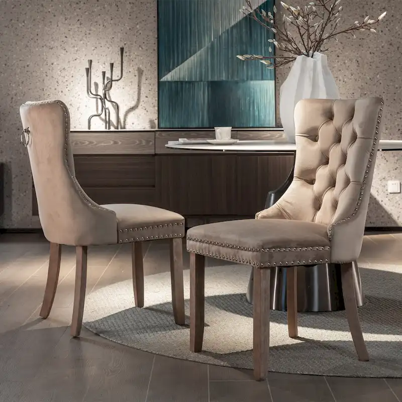 Modern Set of 2 Velvet Tufted Dining Chair with Wood Legs and Nailhead Trim