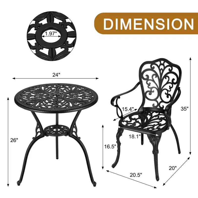 3-Piece Outdoor Cast Aluminum Bistro Set with Table & 2 Chairs, Umbrella Hole Included, for Yard, Garden, Balcony & Poolside