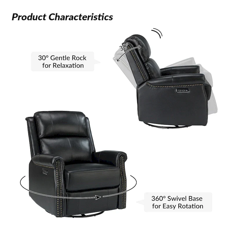 Renato Traditional Genuine Leather Nailhead Power Swivel Recliner Chair with Metal Base Set of 2 by HULALA HOME