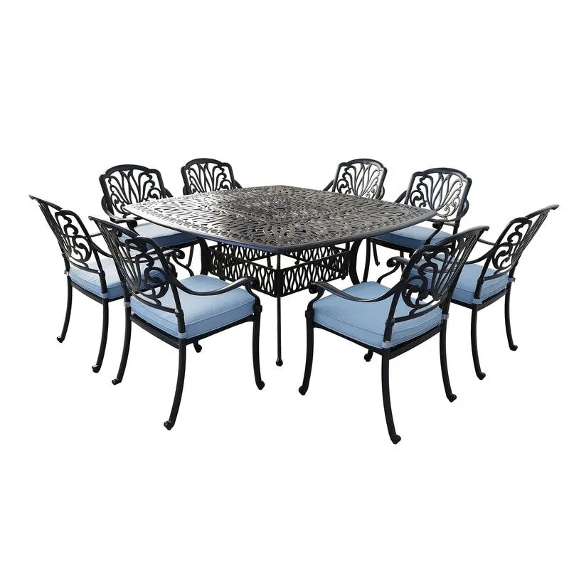 Saratoga 9-piece Gun Metal Aluminum Square Dining Set with 8 Cushioned Arm Dining Chairs
